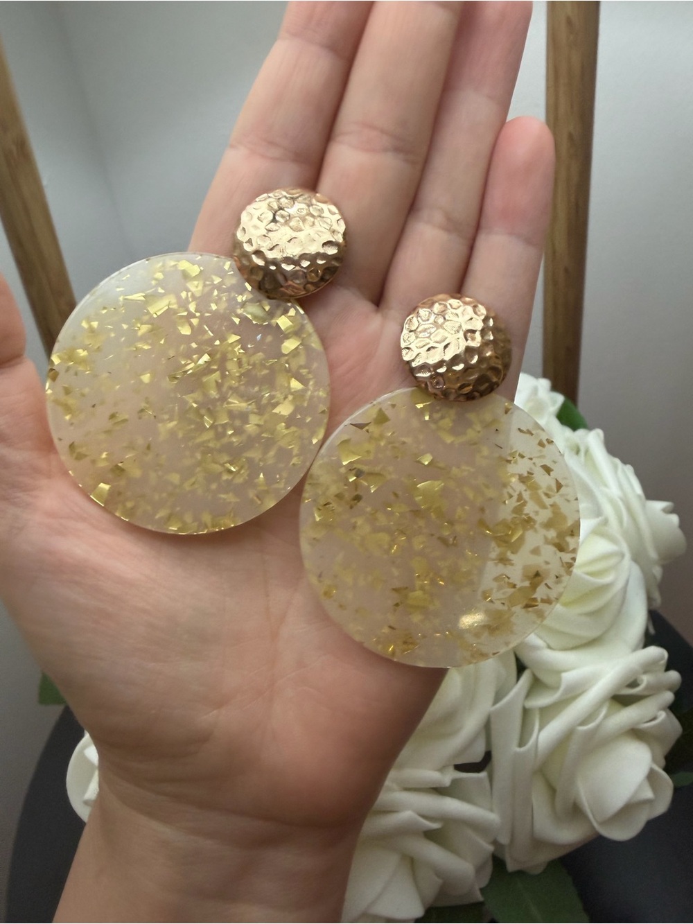 Gold Flake Round Resin Drop Earrings